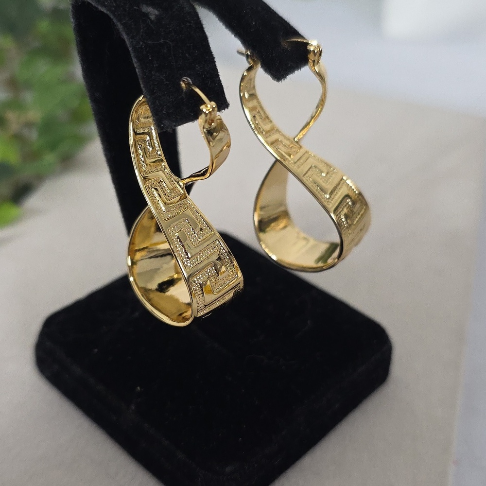 Gold Filled Twisted Infinity Hoop Earrings Greek Key Design